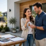 Couple receiving house keys in front of a new home with loan documents and calculator