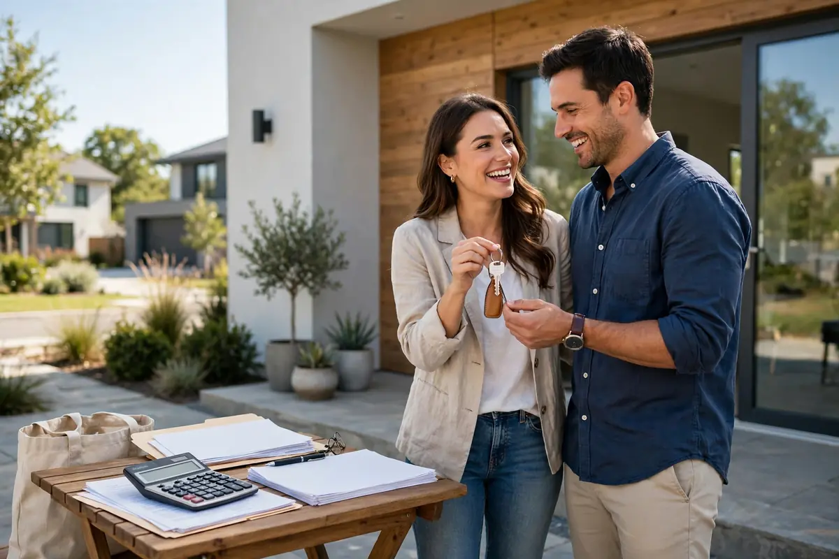 Couple receiving house keys in front of a new home with loan documents and calculator