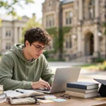Student planning education loan with books, laptop and graduation cap