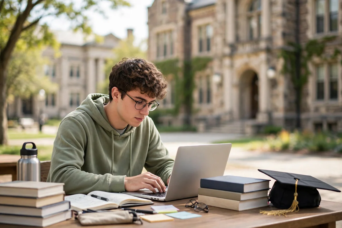 Student planning education loan with books, laptop and graduation cap