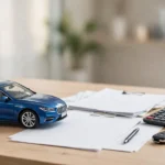 New car with loan documents, calculator and car keys