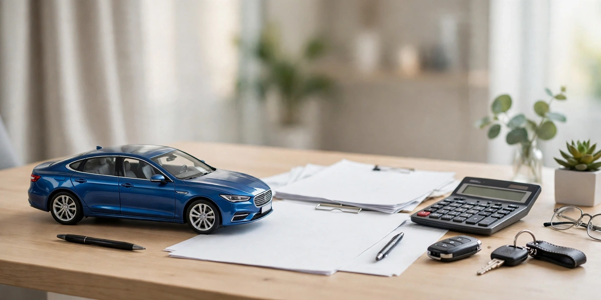 New car with loan documents, calculator and car keys