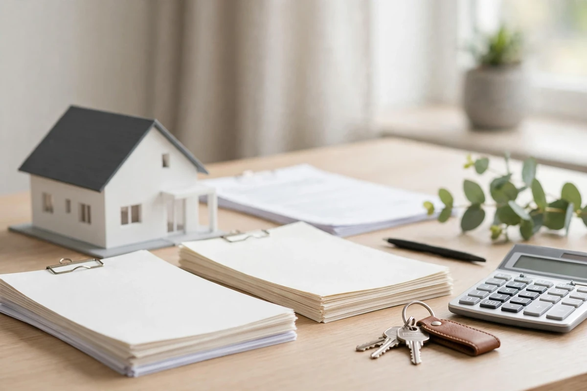 House with property documents, keys and calculator for a loan against property