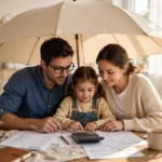 Family protected by insurance with documents and calculator