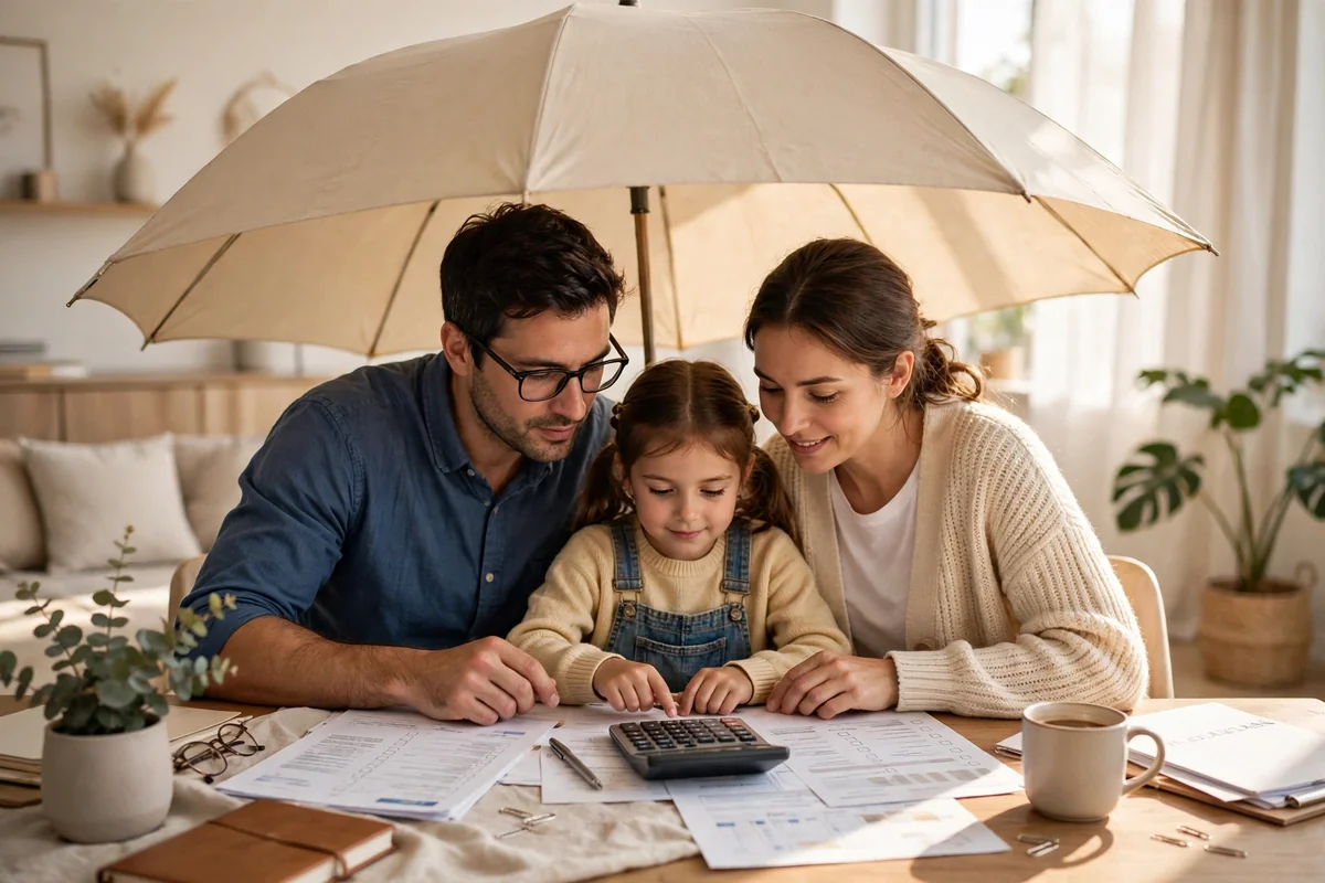 Family protected by insurance with documents and calculator