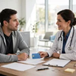 Patient and doctor with health insurance claim documents in a hospital