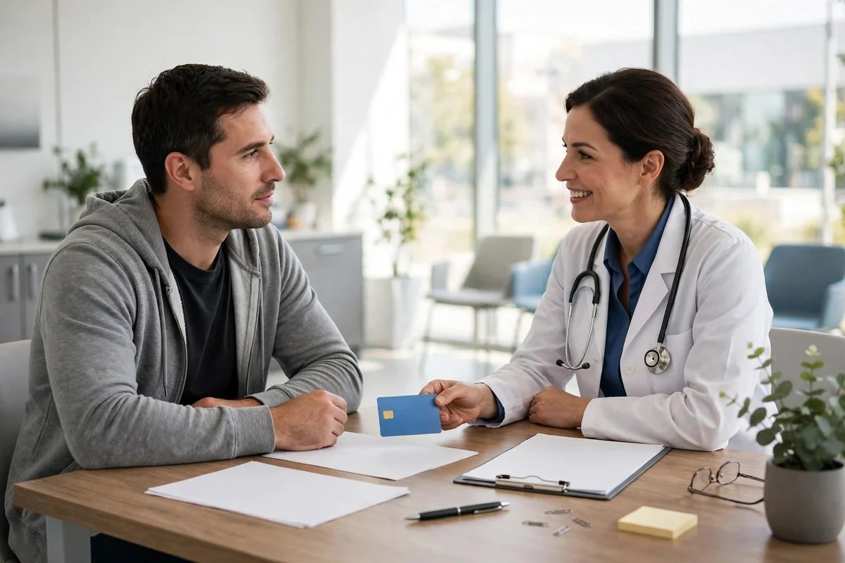 Patient and doctor with health insurance claim documents in a hospital