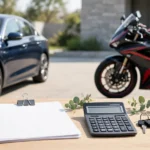 Car and motorcycle with insurance documents, keys and calculator