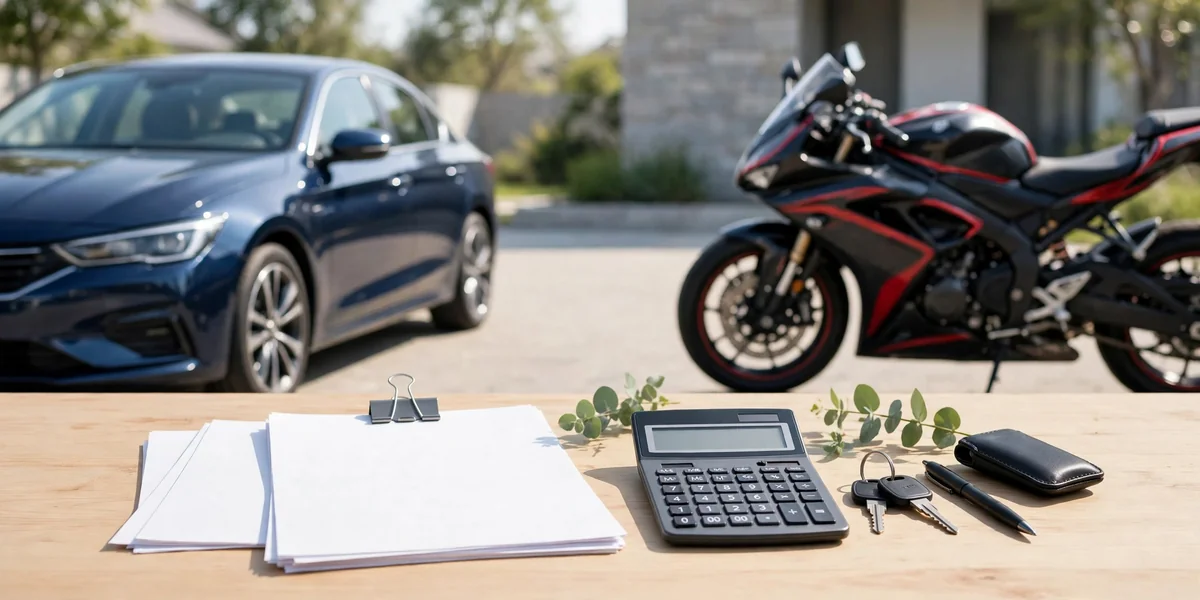 Car and motorcycle with insurance documents, keys and calculator
