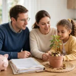 Family with piggy bank, insurance documents and growing plant