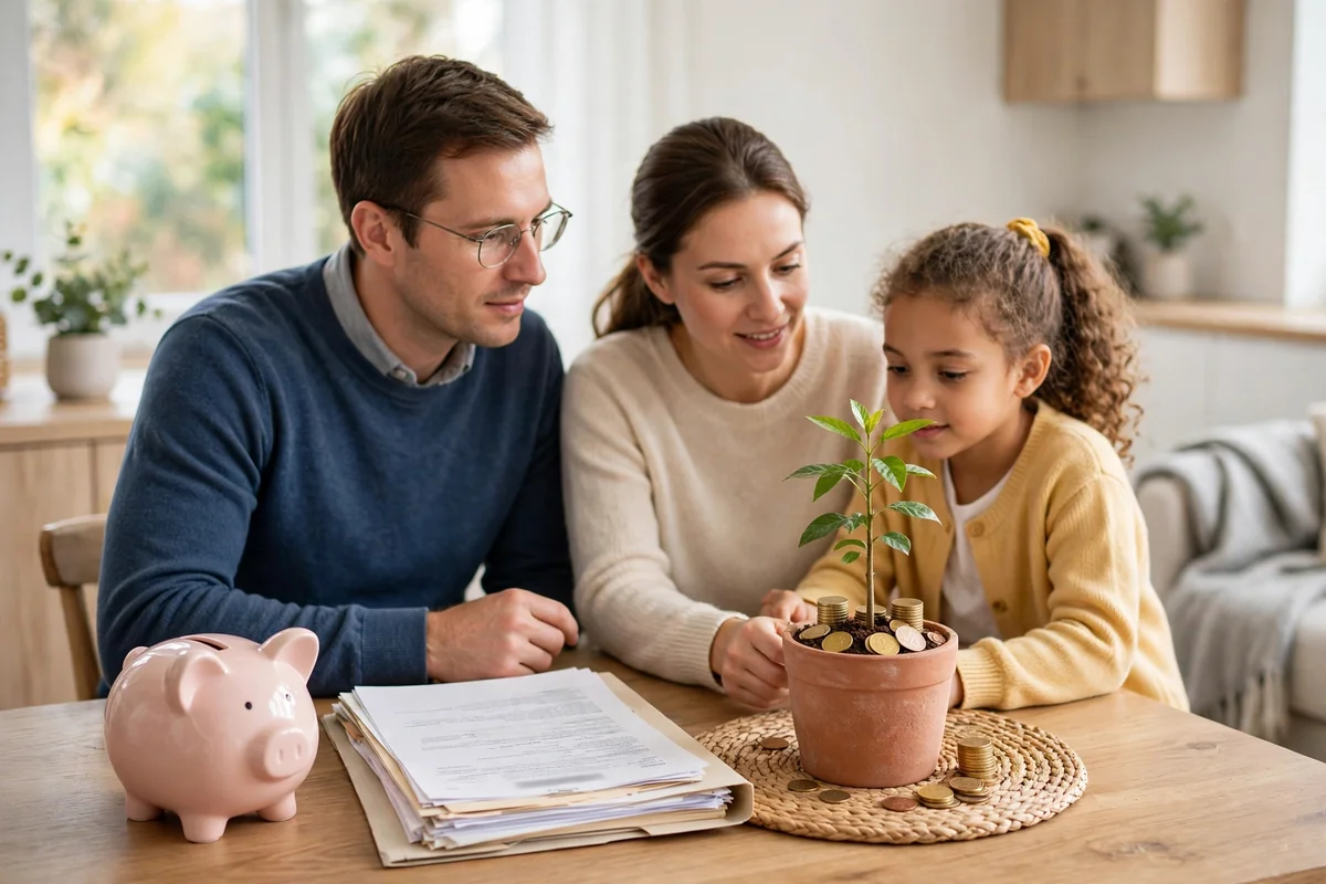 Family with piggy bank, insurance documents and growing plant
