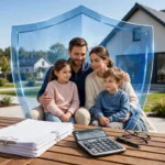 House and shield protecting a family with loan documents and calculator