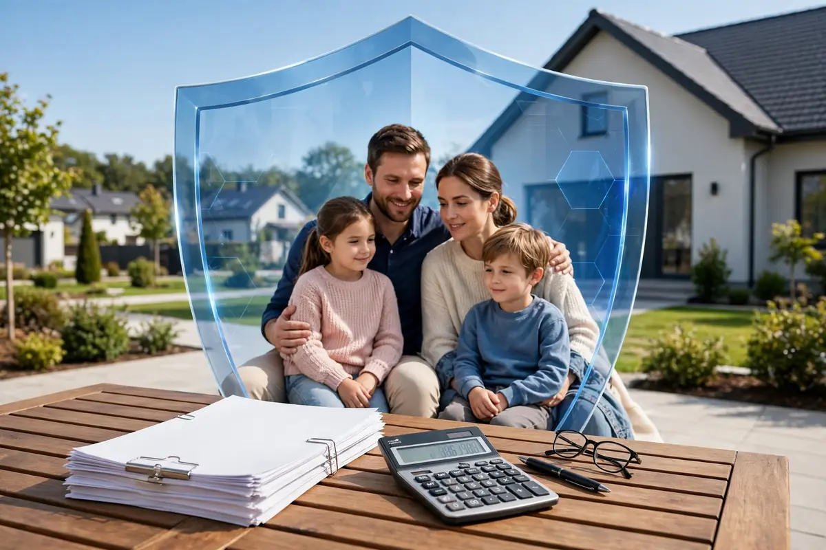 House and shield protecting a family with loan documents and calculator
