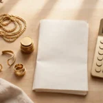 Gold jewellery, gold coins, loan documents and a calculator for a gold loan