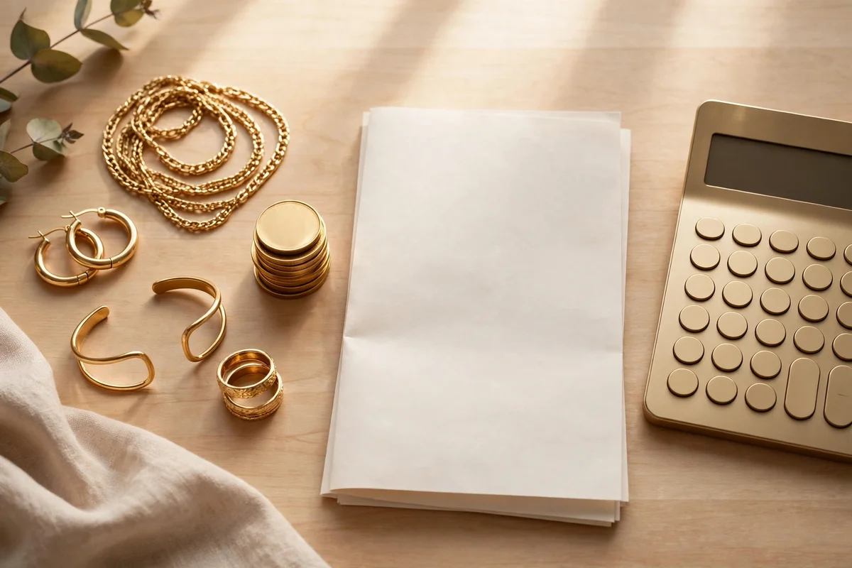 Gold jewellery, gold coins, loan documents and a calculator for a gold loan